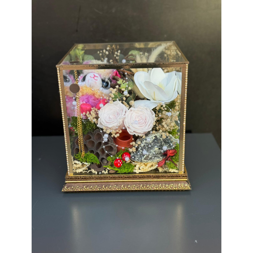 ÖZEL BÜYÜK ÜÇLÜ IŞIKLI PEMBE  SOLMAYAN GÜL